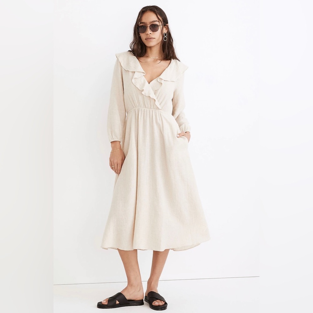 NWT Linen Cotton Ruffle Neck Midi Dress
